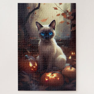 Halloween Siamkatze mit Pumpkins Beängstigend Puzzle