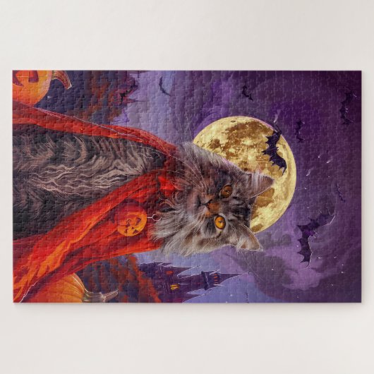 Halloween Siberian Cat Vampire Pumpkins Beängstige Puzzle (Horizontal)