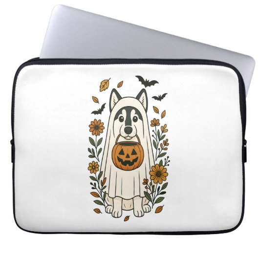 Halloween Siberian Husky Blumen Laptopschutzhülle (Vorderseite)