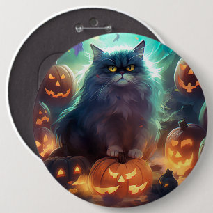 Halloween Sibirienkatze mit Kürbiskugeln Beängstig Button