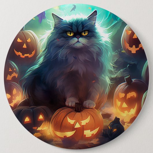 Halloween Sibirienkatze mit Kürbiskugeln Beängstig Button (Vorderseite)