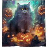 Halloween Sibirienkatze mit Kürbiskugeln Beängstig Duschvorhang (Vorderseite)