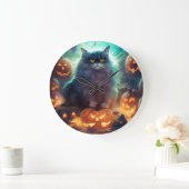 Halloween Sibirienkatze mit Kürbiskugeln Beängstig Große Wanduhr (Zuhause)