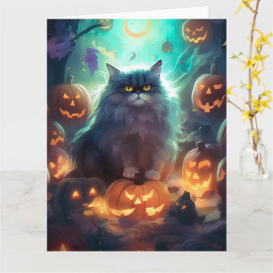 Halloween Sibirienkatze mit Kürbiskugeln Beängstig Karte