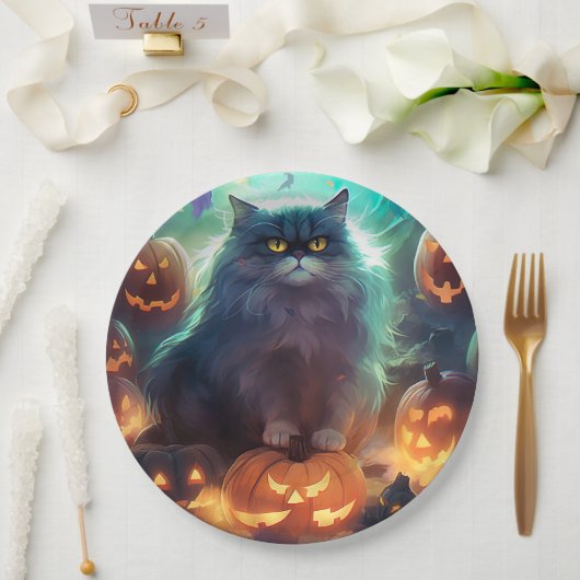 Halloween Sibirienkatze mit Kürbiskugeln Beängstig Pappteller (Hochzeit)