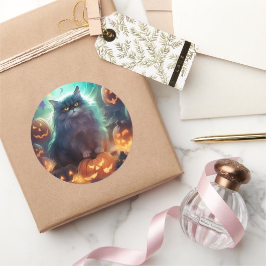 Halloween Sibirienkatze mit Kürbiskugeln Beängstig Runder Aufkleber (Schenken)