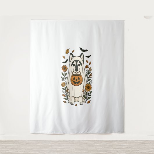 Halloween Sibirische Husky-Blume Wandteppich (Vorderseite)