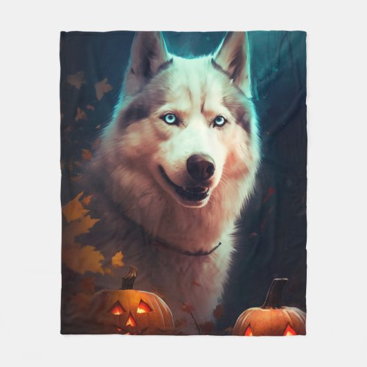 Halloween Sibirischer Husky mit Pumpkins Beängstig Fleecedecke (Vorderseite)