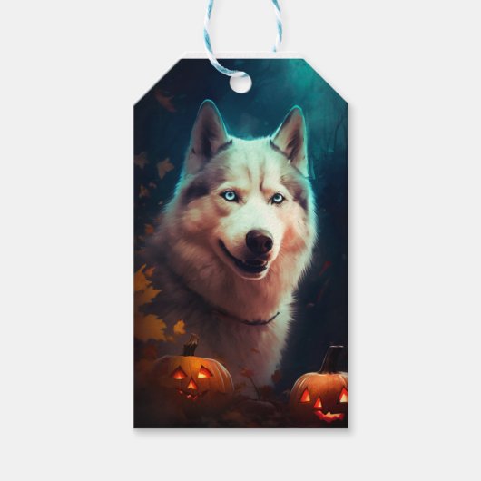 Halloween Sibirischer Husky mit Pumpkins Beängstig Geschenkanhänger (Vorderseite)