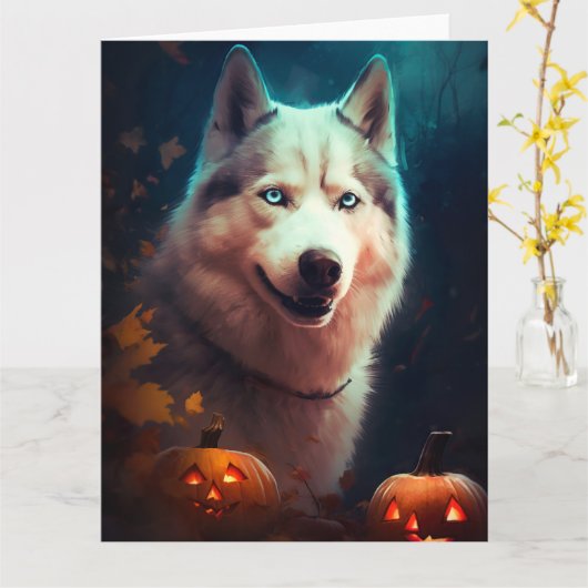 Halloween Sibirischer Husky mit Pumpkins Beängstig Karte (Gelbe Blume)