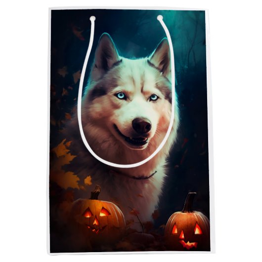 Halloween Sibirischer Husky mit Pumpkins Beängstig Mittlere Geschenktüte (Vorderseite)