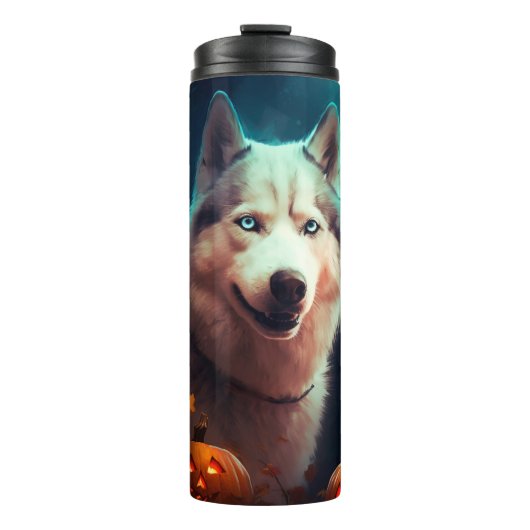 Halloween Sibirischer Husky mit Pumpkins Beängstig Thermosbecher (Vorderseite)