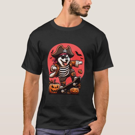 Halloween Sibirischer Husky Pirate Skateboard Spoo T-Shirt (Vorderseite)