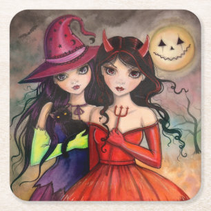 Halloween Sisters Trick oder Treatment Art Rechteckiger Pappuntersetzer