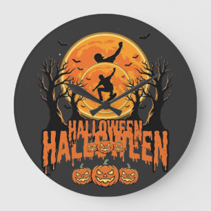 Halloween-Skateboard-Mond-Design Halloween Große Wanduhr