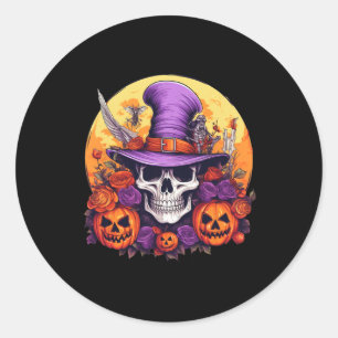 Halloween Skeleton Lila Hat Orange Belt Floral B Runder Aufkleber