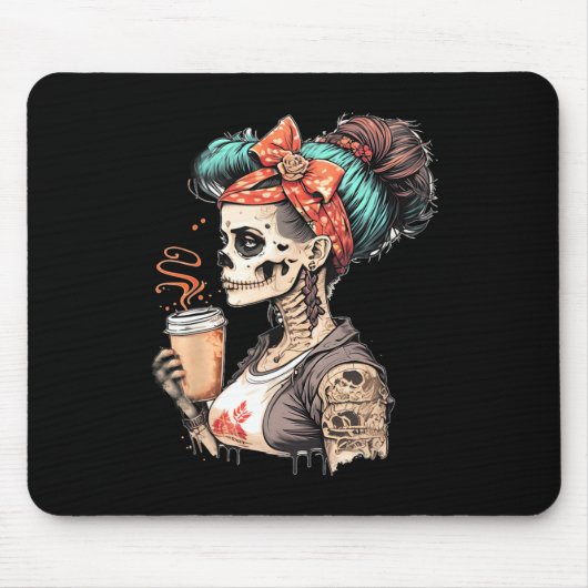 Halloween Skeleton Messy Bun Coffee Funny Costume Mousepad (Vorne)
