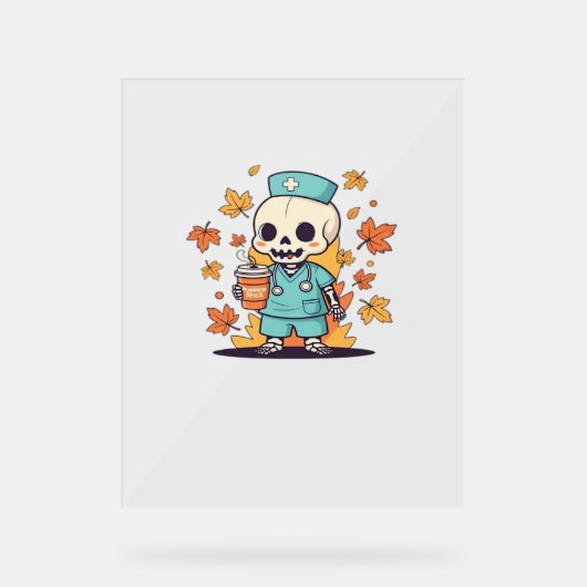 Halloween Skeleton Nurse mit Coffee Classic T-Shi Acrylschild (Vorderseite)