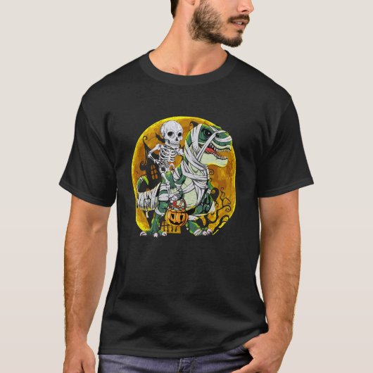 Halloween Skeleton Riding Mummy Dinosaur rex Pumpk T-Shirt (Vorderseite)