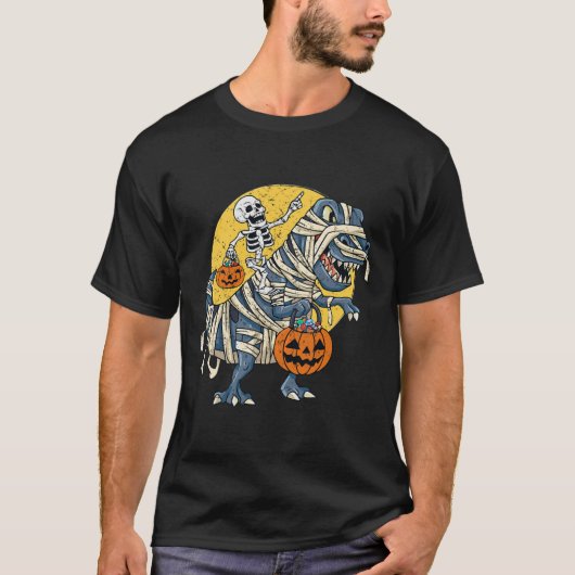 Halloween Skeleton Riding Mummy Dinosaur T rex Pum T-Shirt (Vorderseite)