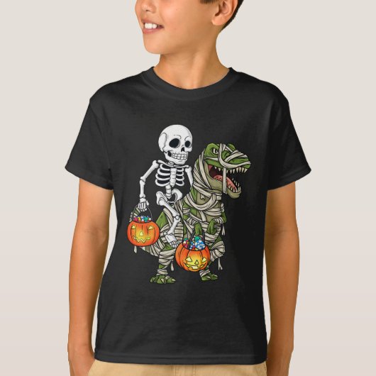 Halloween Skeleton Riding Mummy Dinosaur T Rex Spa T-Shirt (Vorderseite)