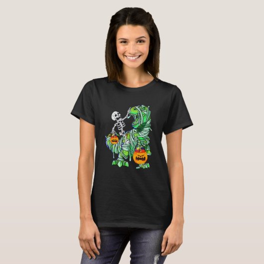 Halloween Skeleton Riding Mummy Rex Dinosaur Kinde T-Shirt (Vorne ganz)