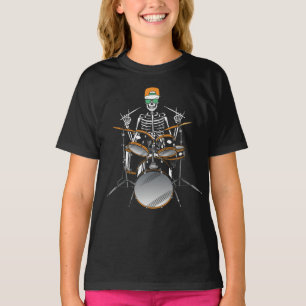 Halloween Skeleton Rock Hand Playing Drums Girl T-Shirt