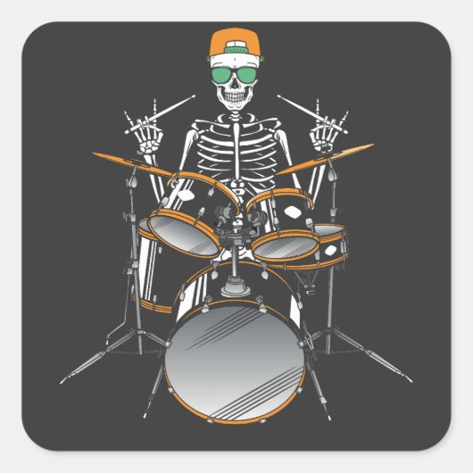 Halloween Skeleton Rock Hand Playing Drums Quadratischer Aufkleber (Vorderseite)