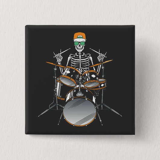 Halloween Skeleton Rock Hand Playing Drums Square Button (Vorderseite)