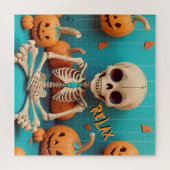 Halloween Skeleton Spooky Pumpkin Orange Cyan Text Puzzle (Horizontal)