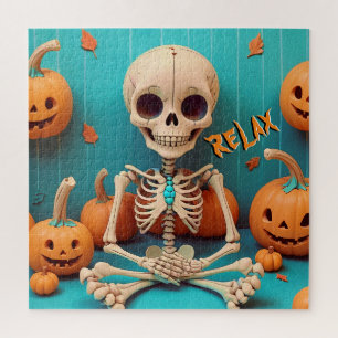 Halloween Skeleton Spooky Pumpkin Orange Cyan Text Puzzle