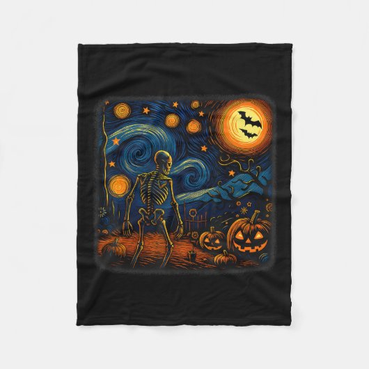 Halloween Skeleton Starry Night Van Gogh Pumpkin M Fleecedecke (Vorderseite)