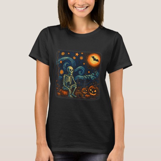 Halloween Skeleton Starry Night Van Gogh Pumpkin M T-Shirt (Vorderseite)