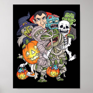 Halloween Skeleton Zombie Riding Mummy T Rex Funny Poster