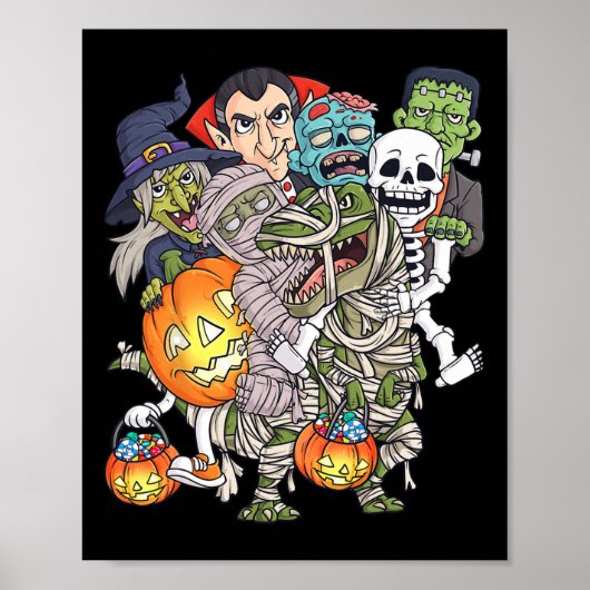 Halloween Skeleton Zombie Riding Mummy T Rex Funny Poster (Vorne)