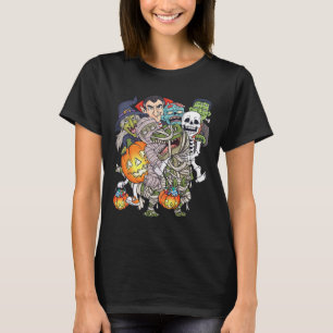 Halloween Skeleton Zombie Riding Mummy T Rex Funny T-Shirt