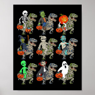 Halloween Skeleton Zombie Riding Mummy T Rex Vampi Poster