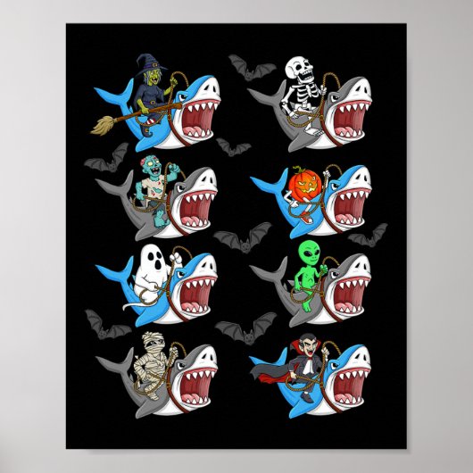 Halloween Skeleton Zombie Riding Shark Mummy Vampi Poster (Vorne)