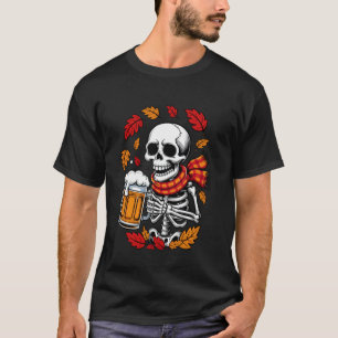 Halloween-Skelett-Biertrinker Lustiger Herbstlaub T-Shirt