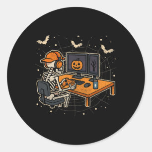 Halloween-Skelett-Gamer-Video-Gaming-Spaß-Skelett Runder Aufkleber