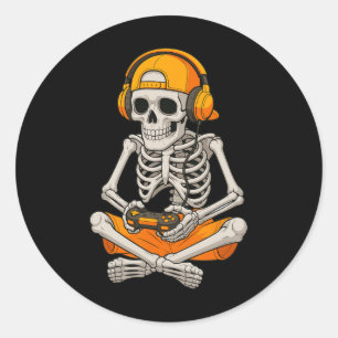 Halloween-Skelett-Gamer-Video-Gaming-Spaß-Skelett Runder Aufkleber
