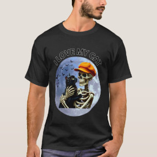 Halloween-Skelett hält eine Katze unter dem Vollmo T-Shirt