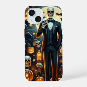 Halloween-Skelett im Smoking mit Kürbis und Geiste iPhone 15 Hülle