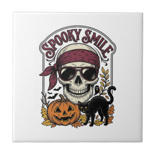Halloween-Skelett-Katze Vintage-Kürbis-Grafik_1 Fliese