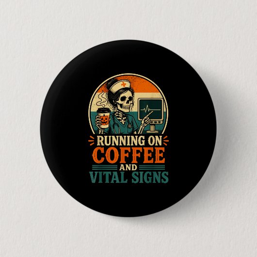Halloween-Skelett-Krankenschwester Retro-Kaffee-Li Button (Vorderseite)
