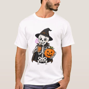 Halloween-Skelett Kürbis-Gewürz-Latte Sticker Cut T-Shirt