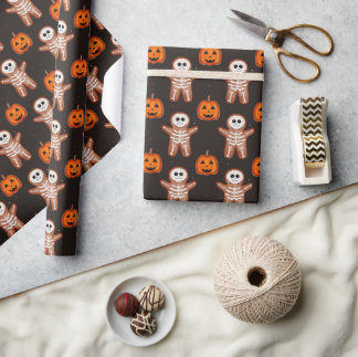 Halloween-Skelett-Lebkuchen & Kürbis Geschenkpapier