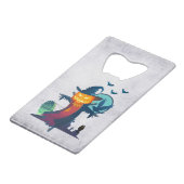 Halloween-Skelett mit Fledermauskeule Kreditkartenflaschenöffner (Rückseite Schrägansicht)