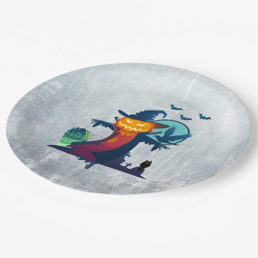 Halloween-Skelett mit Fledermauskeule Pappteller (Schrägansicht)