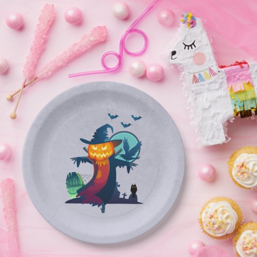 Halloween-Skelett mit Fledermauskeule Pappteller (Party)